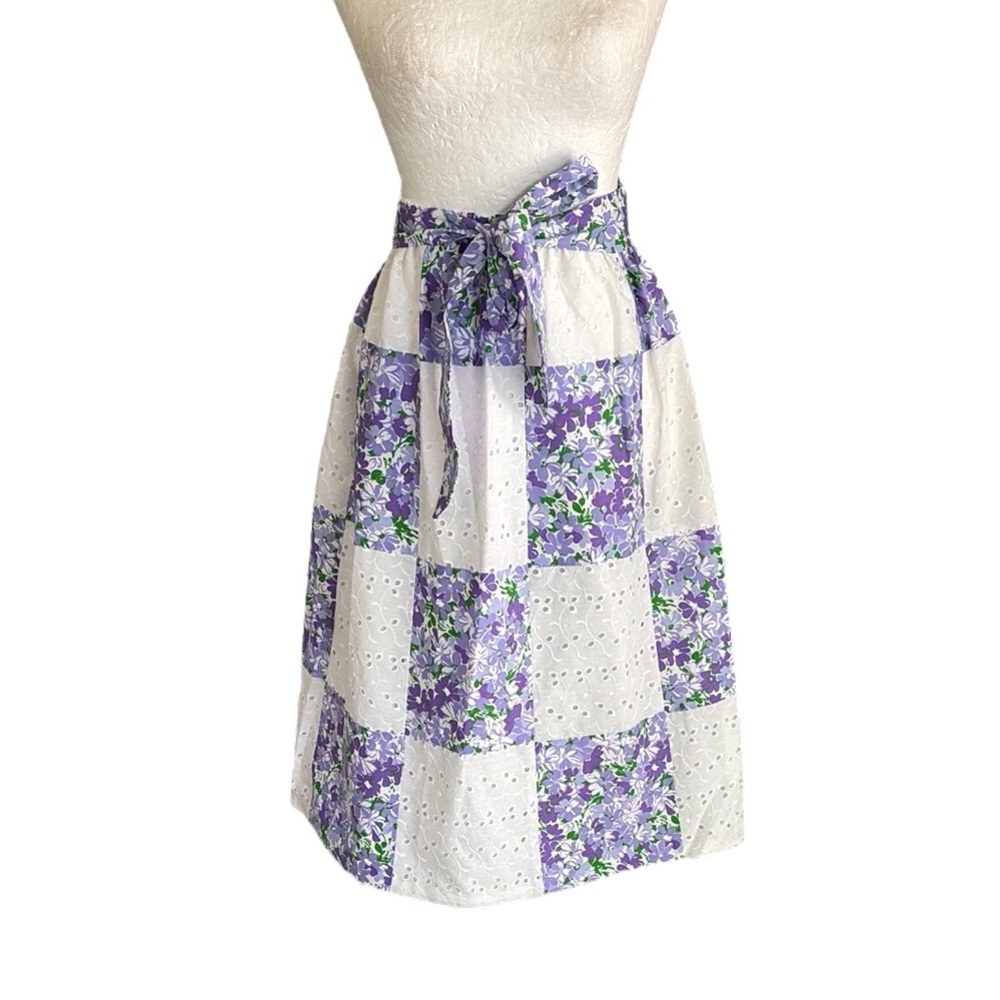 Vintage Mr. Hank Purple Floral & White Eyelet Patchwork Tie Waist Midi Skirt - S